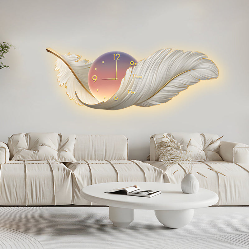 Artistic Feathers Painting Clock Modern LED Wall Lamp