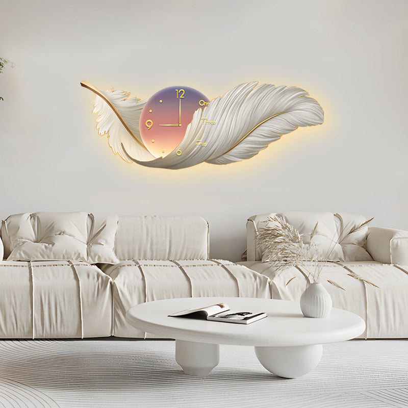 Artistic Feathers Painting Clock Modern LED Wall Lamp