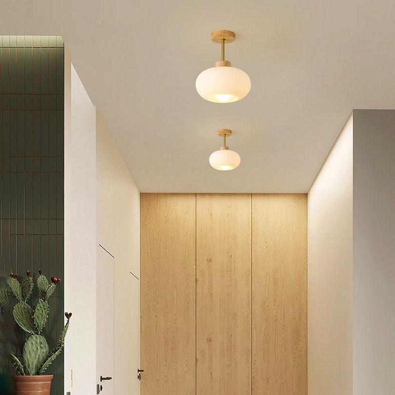 Flush Mount Ceiling Light Cup Minimalist Wood/Glass White/Orange
