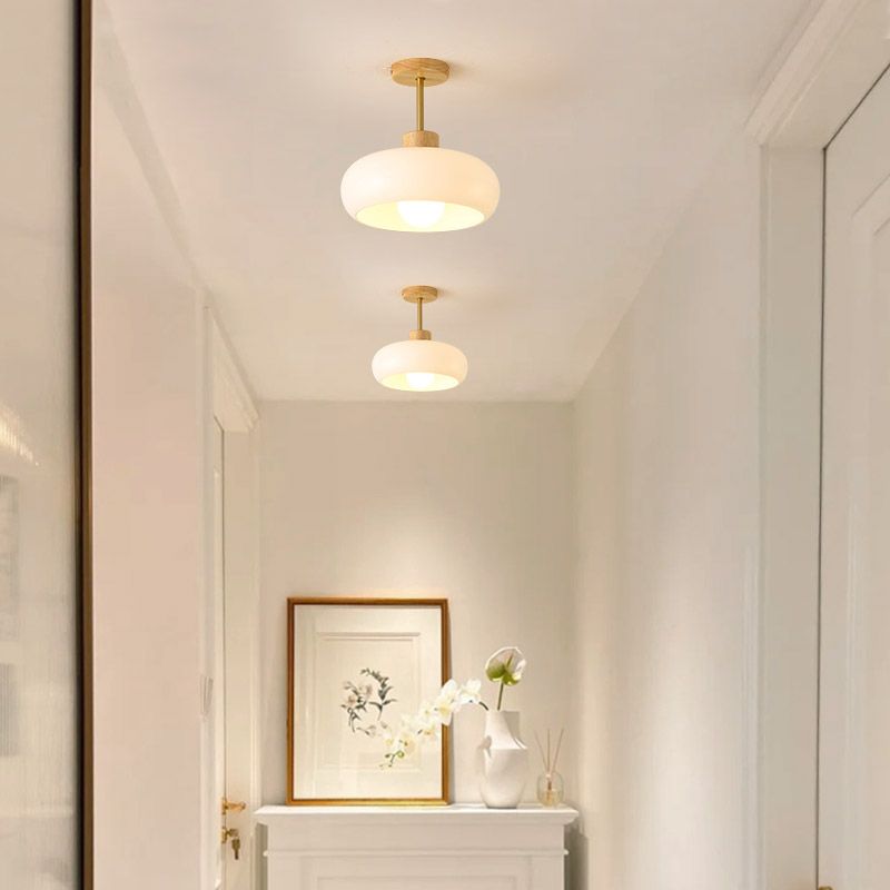 Flush Mount Ceiling Light Cup Minimalist Wood/Glass White/Orange