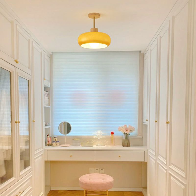 Flush Mount Ceiling Light Cup Minimalist Wood/Glass White/Orange
