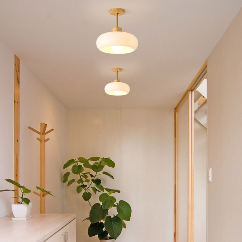 Flush Mount Ceiling Light Cup Minimalist Wood/Glass White/Orange