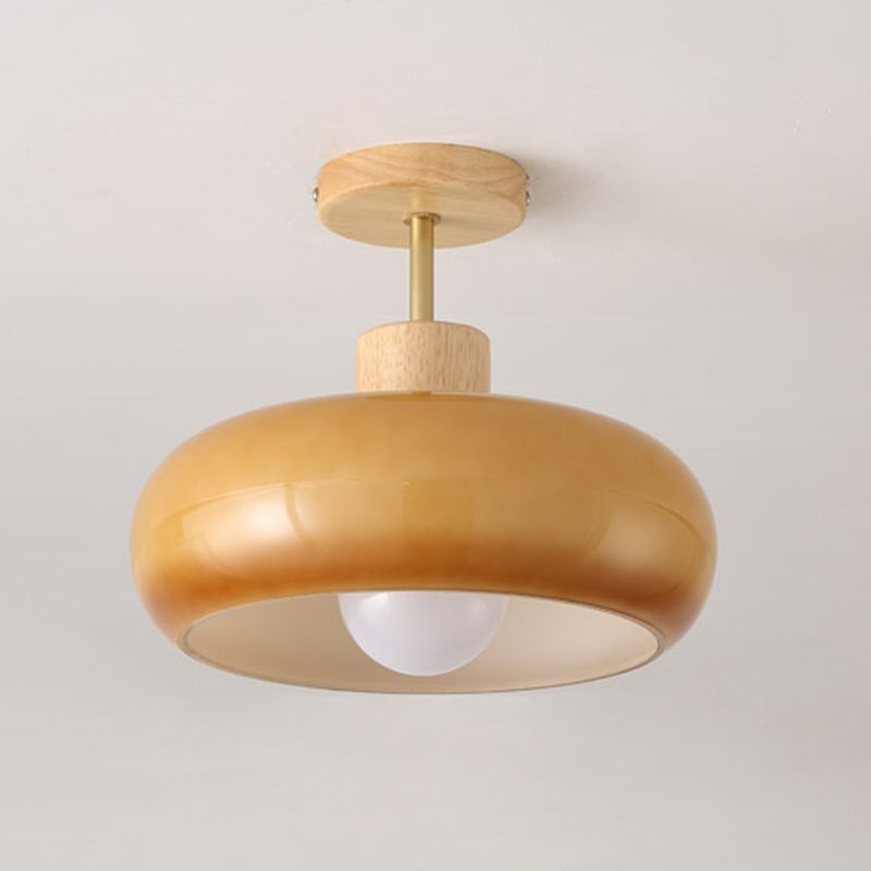 Flush Mount Ceiling Light Cup Minimalist Wood/Glass White/Orange