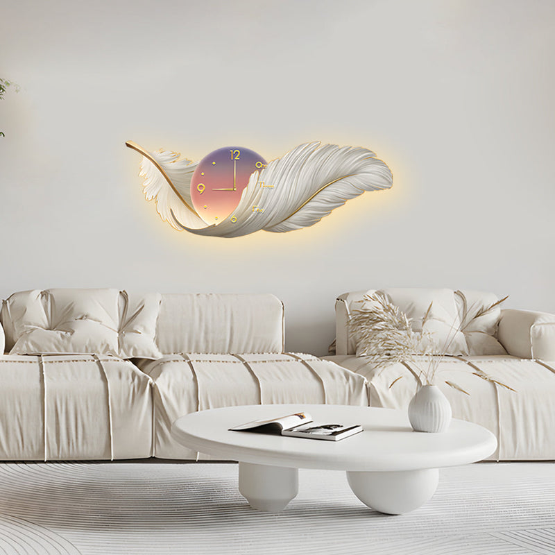 Artistic Feathers Painting Clock Modern LED Wall Lamp