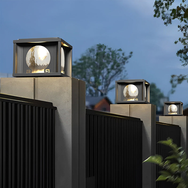 Quadratische, kreisförmige, wasserdichte LED-Solar-Außenzaunlampe in Schwarz