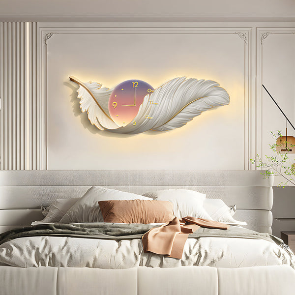 Artistic Feathers Painting Clock Modern LED Wall Lamp