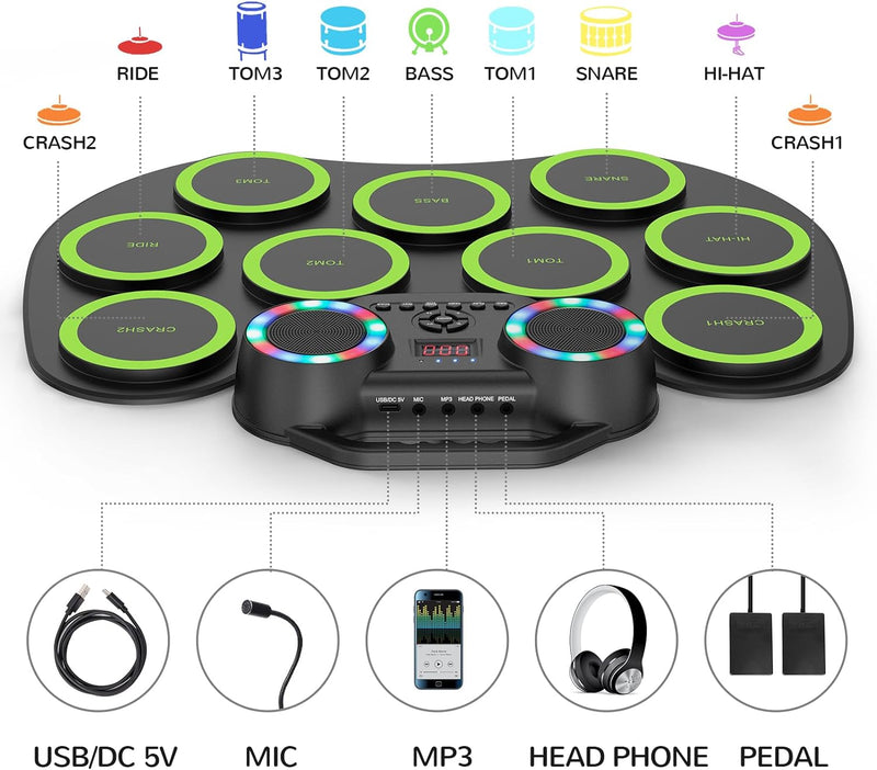Electronic Drum | Kit 9 Pads | Practice Drum Set With Colorful Lights