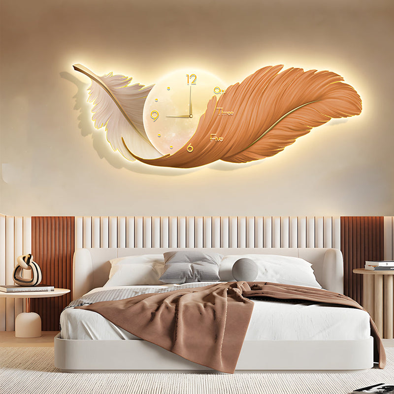 Artistic Feathers Painting Clock Modern LED Wall Lamp