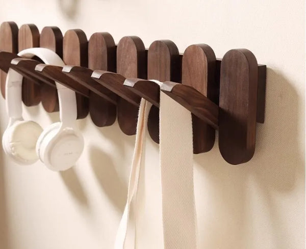 Black Walnut Piano Key Coat Rack Flip-Down Hooks