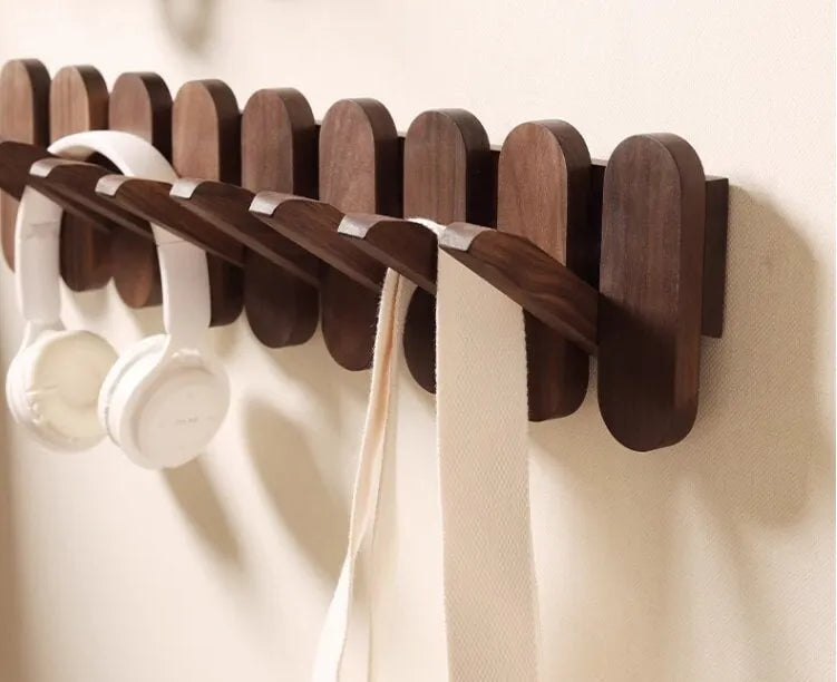 Black Walnut Piano Key Coat Rack Flip-Down Hooks
