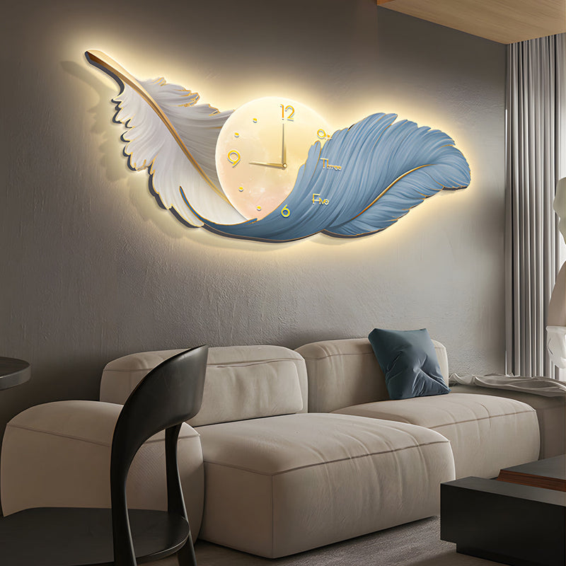 Artistic Feathers Painting Clock Modern LED Wall Lamp