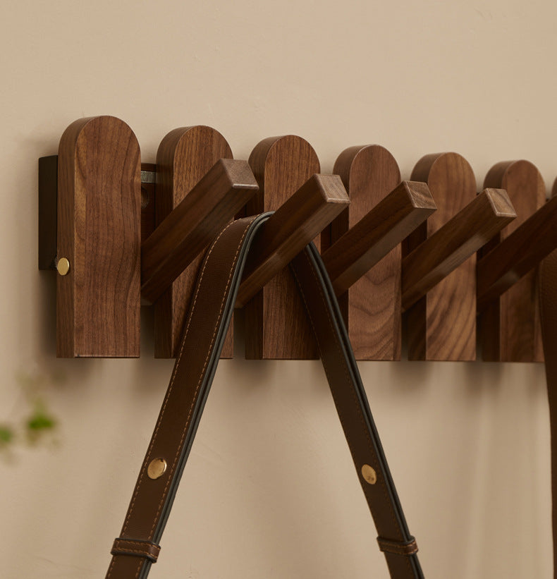 Black Walnut Piano Key Coat Rack Flip-Down Hooks