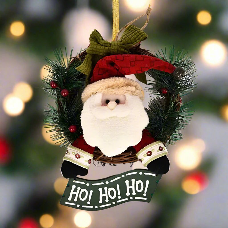 Rustic Wooden & Rattan Christmas Wreath with Santa, Snowman & Elk Dolls