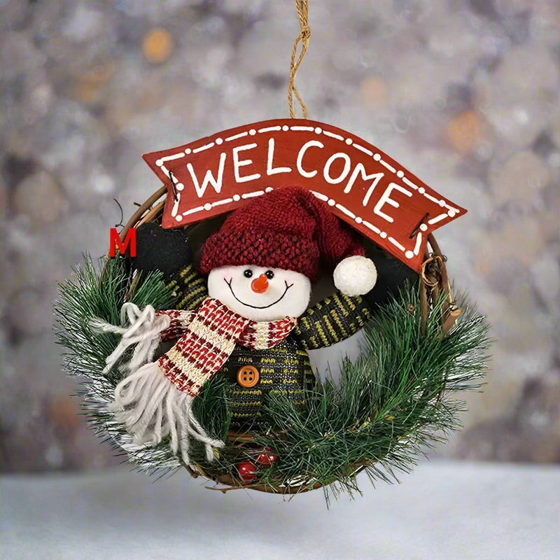 Rustic Wooden & Rattan Christmas Wreath with Santa, Snowman & Elk Dolls