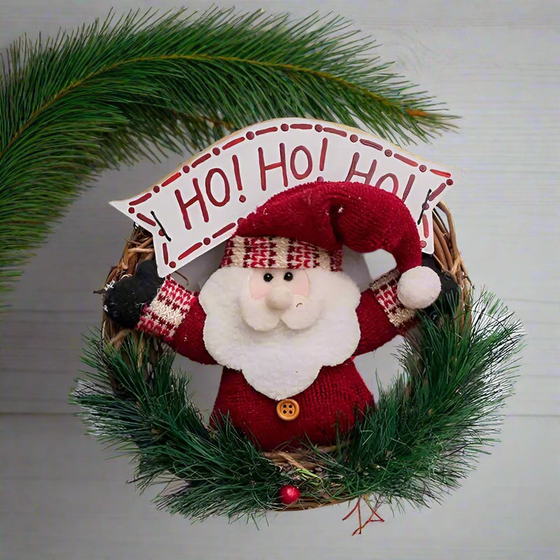 Rustic Wooden & Rattan Christmas Wreath with Santa, Snowman & Elk Dolls