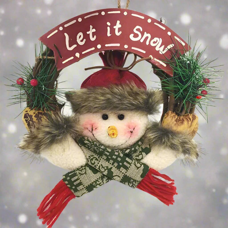 Rustic Wooden & Rattan Christmas Wreath with Santa, Snowman & Elk Dolls