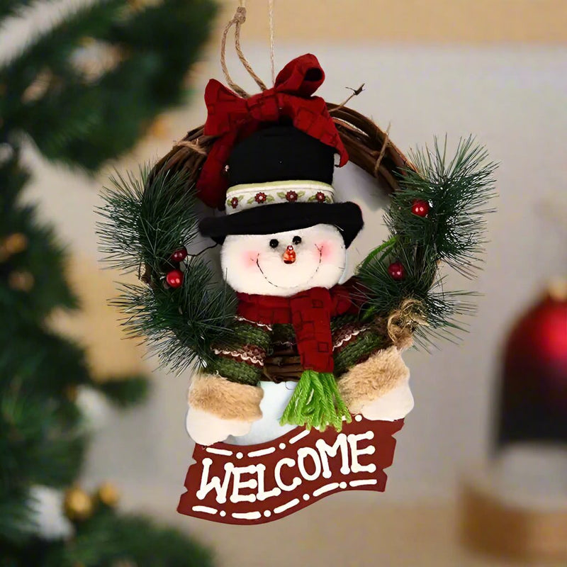 Rustic Wooden & Rattan Christmas Wreath with Santa, Snowman & Elk Dolls