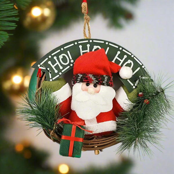 Rustic Wooden & Rattan Christmas Wreath with Santa, Snowman & Elk Dolls