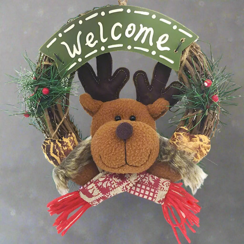 Rustic Wooden & Rattan Christmas Wreath with Santa, Snowman & Elk Dolls