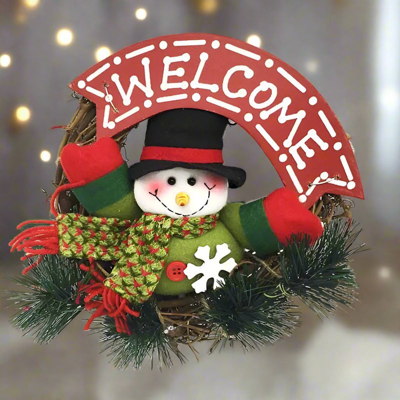 Rustic Wooden & Rattan Christmas Wreath with Santa, Snowman & Elk Dolls