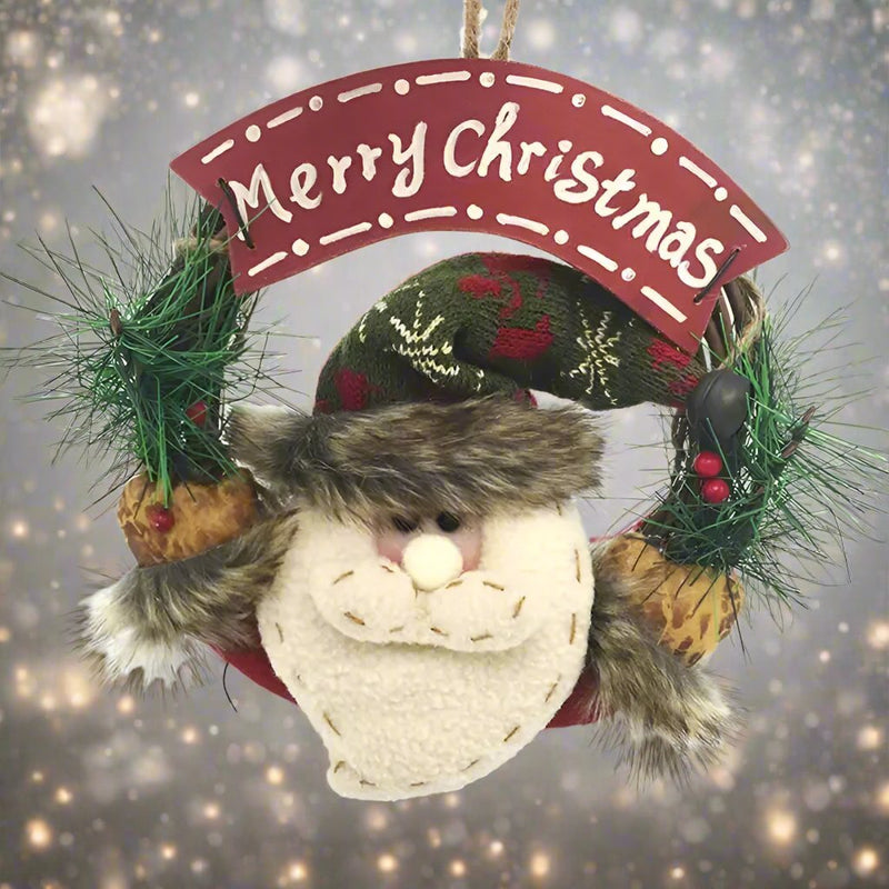 Rustic Wooden & Rattan Christmas Wreath with Santa, Snowman & Elk Dolls