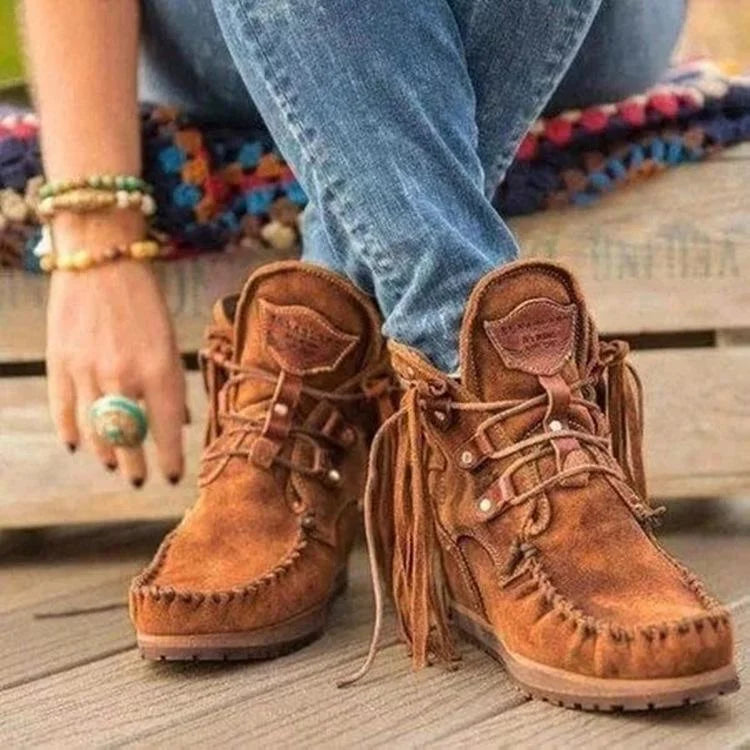 Retro-Winterstiefel aus Leder mit Fransen