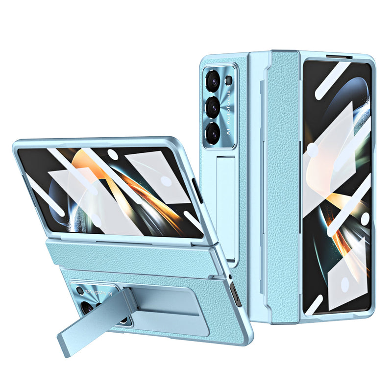 Luxuriöse, galvanisierte Lederhülle mit magnetischer Halterung für Samsung Galaxy Z Fold3/4/5 mit Glas auf der Rückseite
