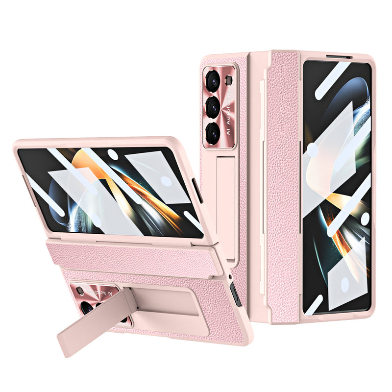 Luxuriöse, galvanisierte Lederhülle mit magnetischer Halterung für Samsung Galaxy Z Fold3/4/5 mit Glas auf der Rückseite