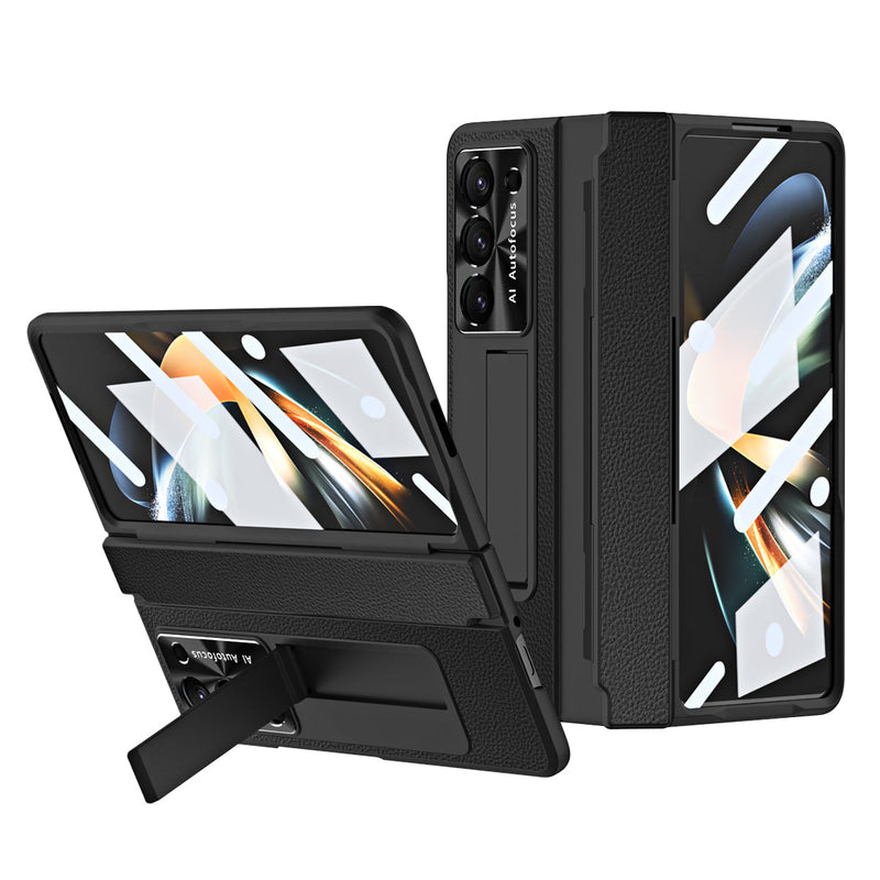 Luxuriöse, galvanisierte Lederhülle mit magnetischer Halterung für Samsung Galaxy Z Fold3/4/5 mit Glas auf der Rückseite