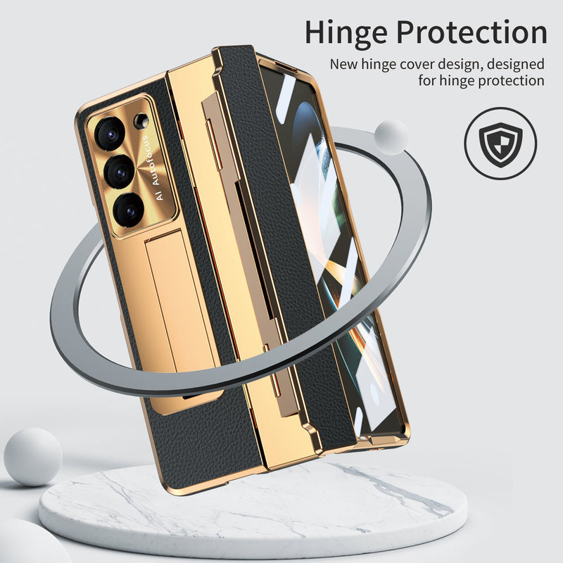 Luxuriöse, galvanisierte Lederhülle mit magnetischer Halterung für Samsung Galaxy Z Fold3/4/5 mit Glas auf der Rückseite
