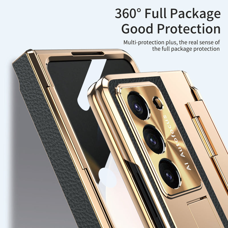 Luxuriöse, galvanisierte Lederhülle mit magnetischer Halterung für Samsung Galaxy Z Fold3/4/5 mit Glas auf der Rückseite