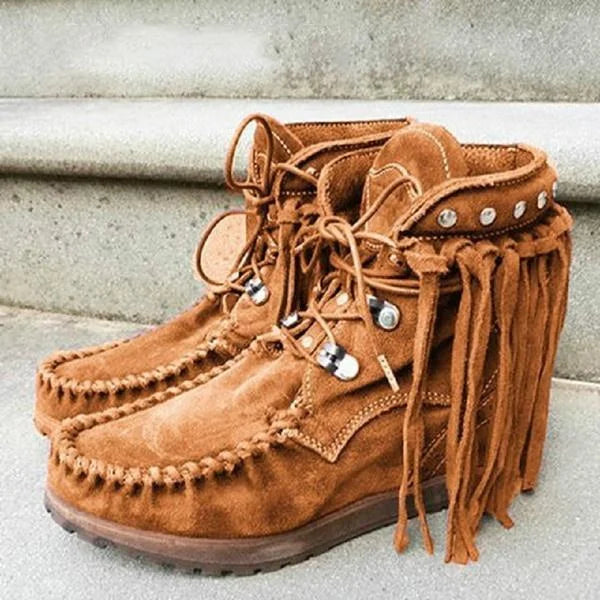 Retro-Winterstiefel aus Leder mit Fransen