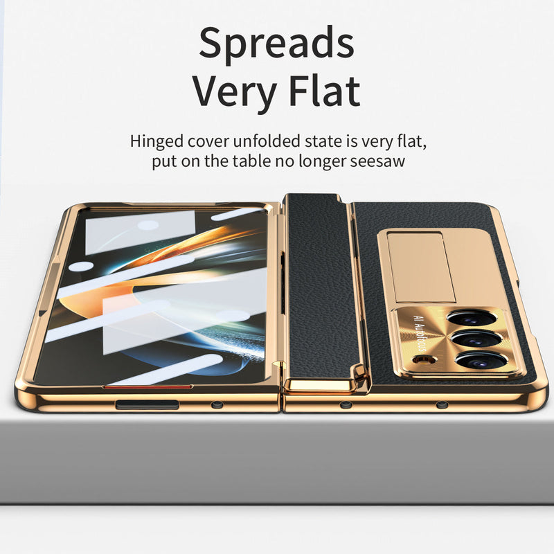 Luxuriöse, galvanisierte Lederhülle mit magnetischer Halterung für Samsung Galaxy Z Fold3/4/5 mit Glas auf der Rückseite