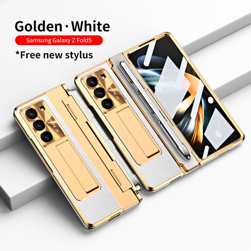 Luxuriöse, galvanisierte Lederhülle mit magnetischer Halterung für Samsung Galaxy Z Fold3/4/5 mit Glas auf der Rückseite
