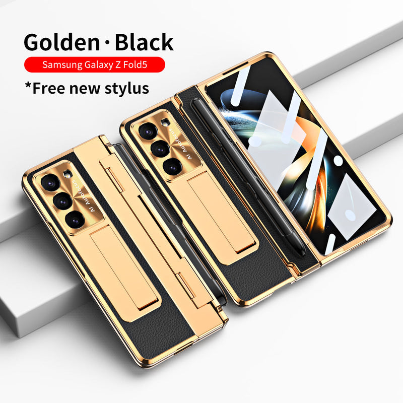 Luxuriöse, galvanisierte Lederhülle mit magnetischer Halterung für Samsung Galaxy Z Fold3/4/5 mit Glas auf der Rückseite