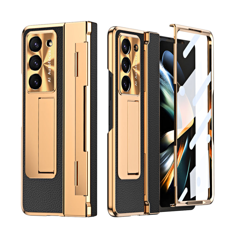 Luxuriöse, galvanisierte Lederhülle mit magnetischer Halterung für Samsung Galaxy Z Fold3/4/5 mit Glas auf der Rückseite