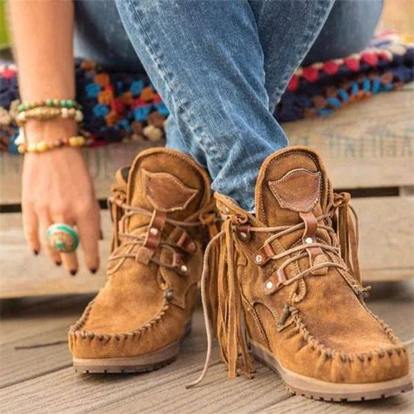 Retro-Winterstiefel aus Leder mit Fransen
