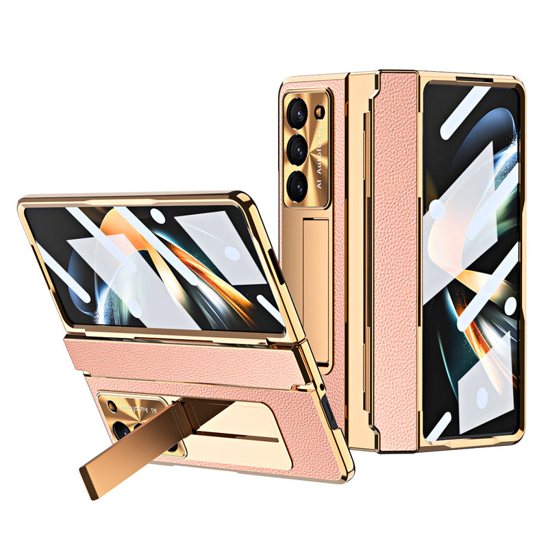 Luxuriöse, galvanisierte Lederhülle mit magnetischer Halterung für Samsung Galaxy Z Fold3/4/5 mit Glas auf der Rückseite