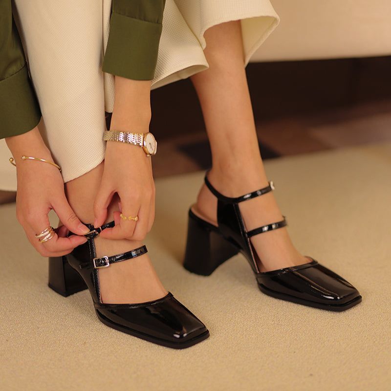 Tiffany French Sandals | Square Thick High Heel