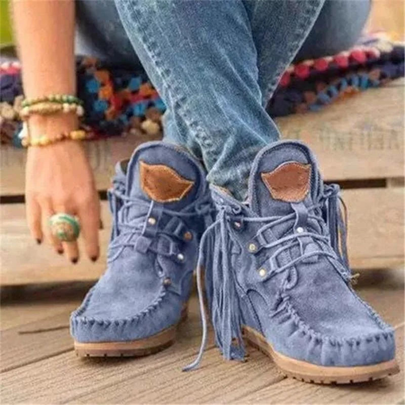 Retro-Winterstiefel aus Leder mit Fransen
