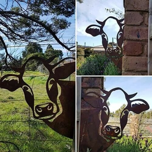 Garden Metal Peeping Cow Farm Outdoor Ornament Waterproof Yard