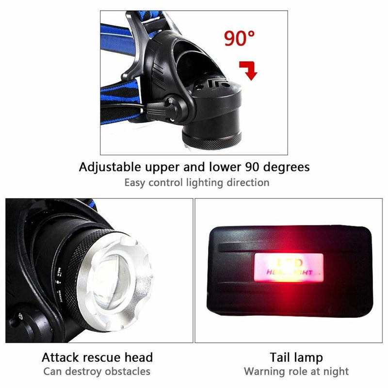 990000LM Rechargeable LED Headlamp Zoomable Tactical Headlight Flashlight