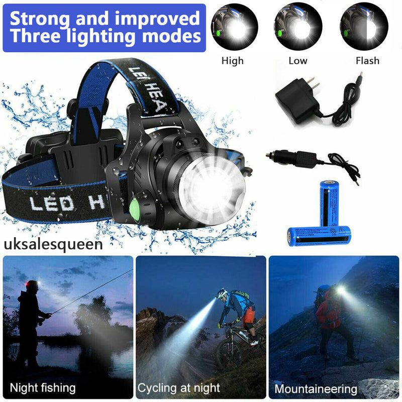 990000LM Rechargeable LED Headlamp Zoomable Tactical Headlight Flashlight
